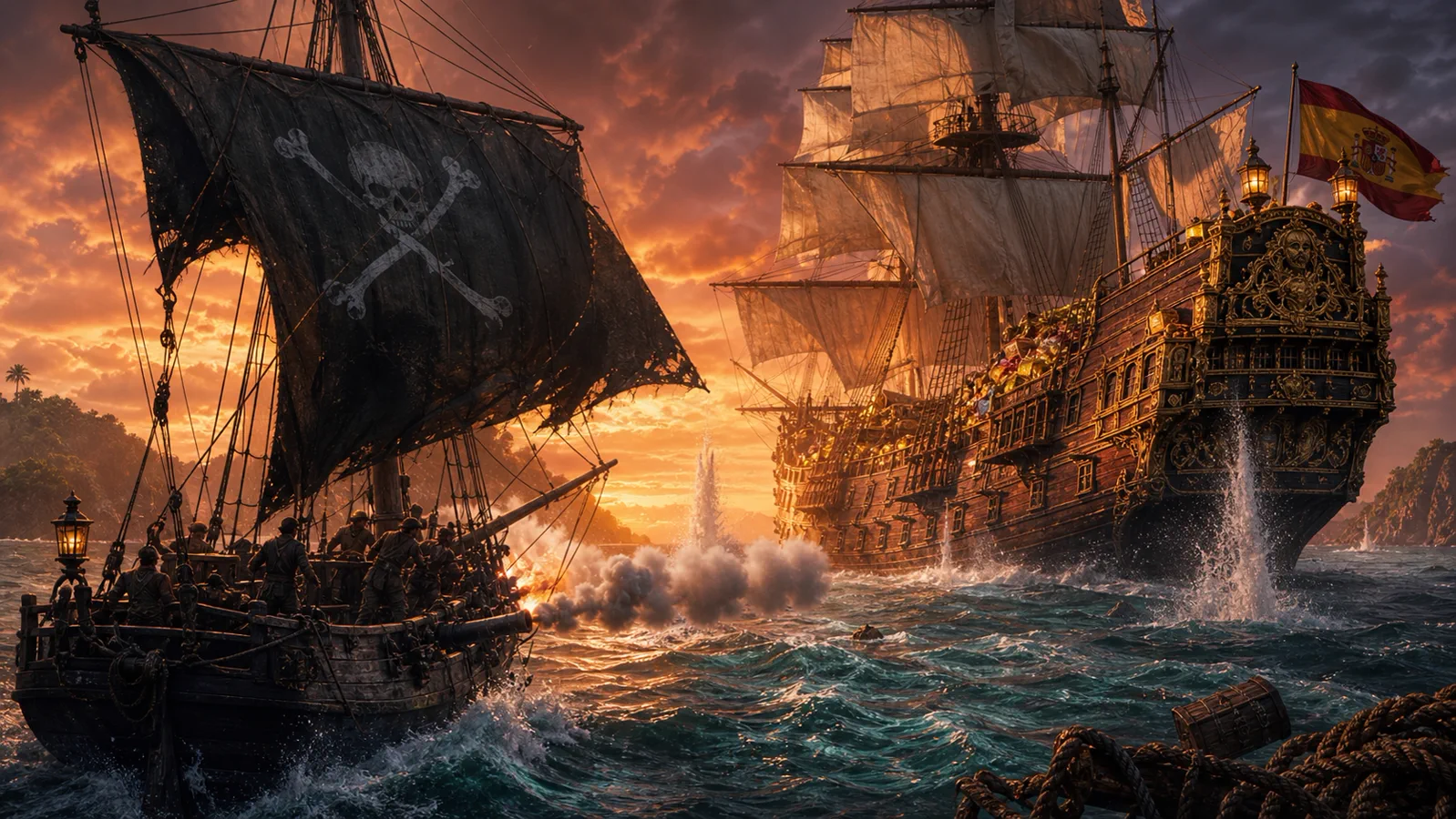 Two pirate ships exchange cannon fire at sunset