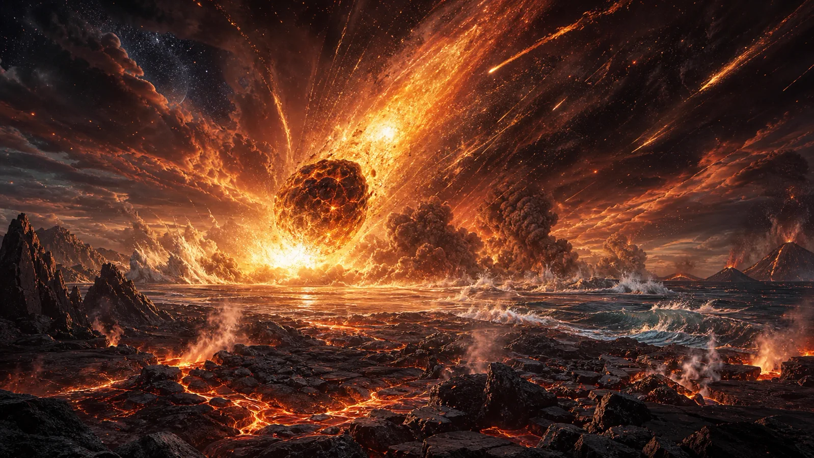 A massive burning meteor plunges toward a volcanic coastline
